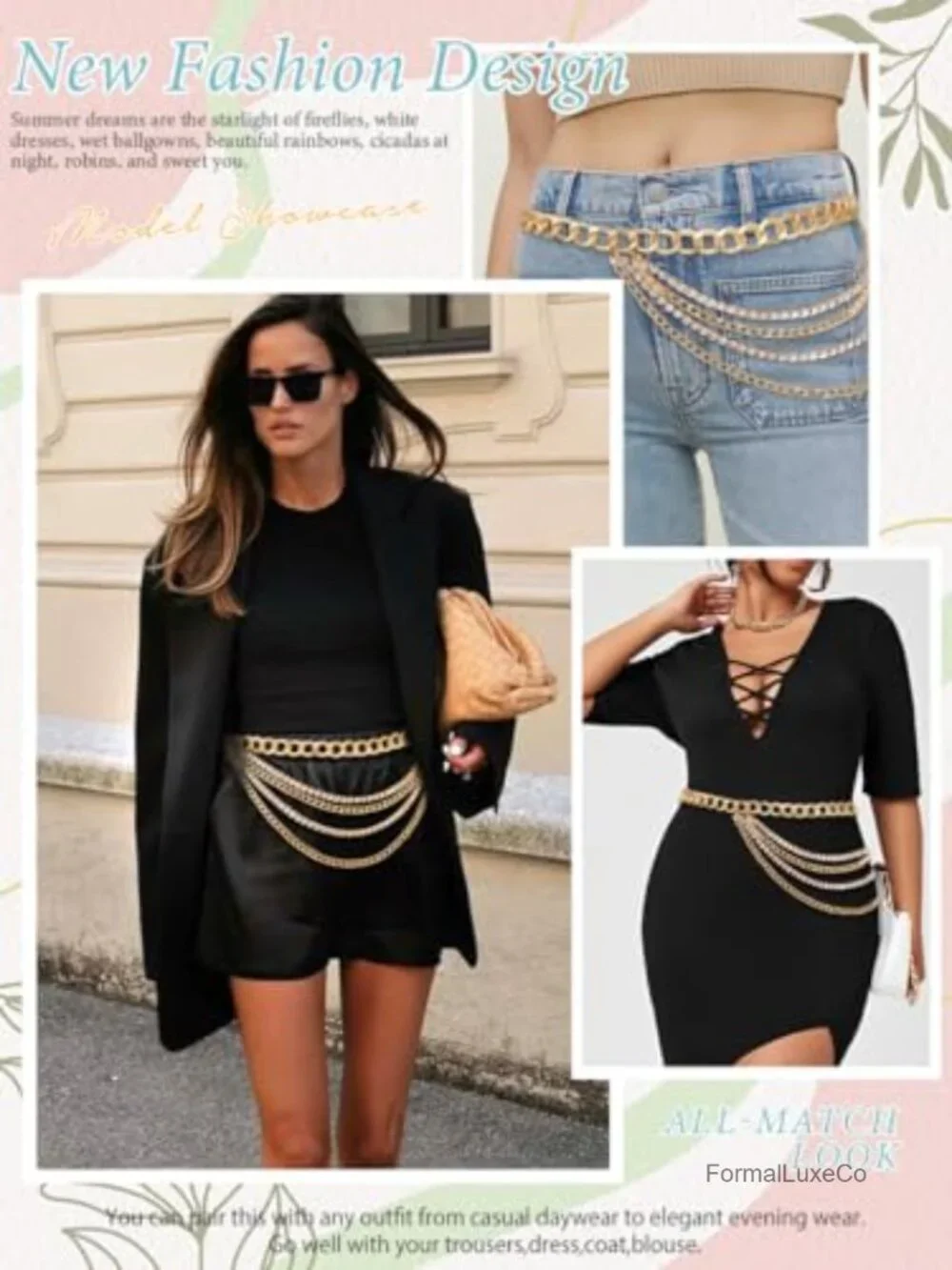 Multilayer Chain Waist Belt Adjustable Metal Rhinestone Fashion